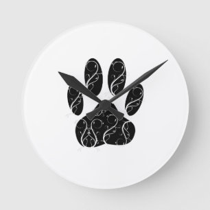 Horloge Ronde Empreinte de patte Chien Noir Avec Flouris Blanc