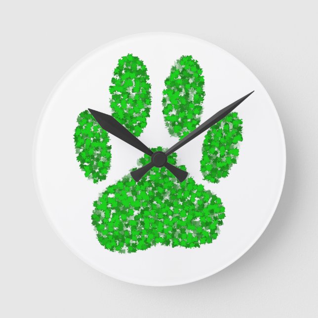 Horloge Ronde Empreinte de patte de Chien à feuillage vert (Recto)