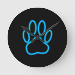 Horloge Ronde Empreinte de patte de chien de Néon Bleu
