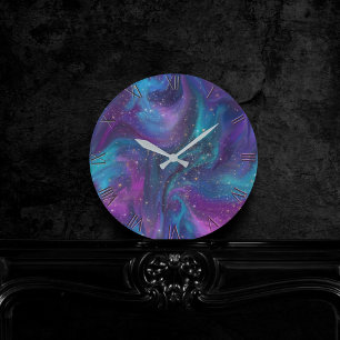 Horloge Ronde Encre cosmique   Turquoise bleu violet Galaxie Neb