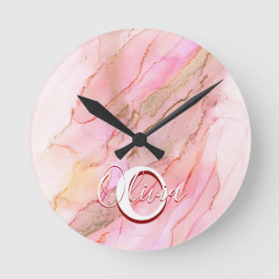 Horloge Ronde Encre D'Alcool Fluide Rose Doux