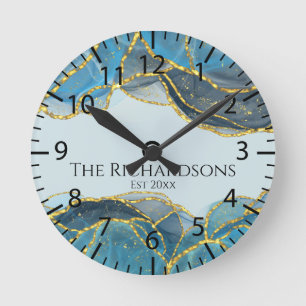 Horloge Ronde Encre Géode Abstraite Or Bleu Moderne