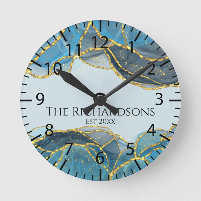 Horloge Ronde Encre Géode Abstraite Or Bleu Moderne (Recto)