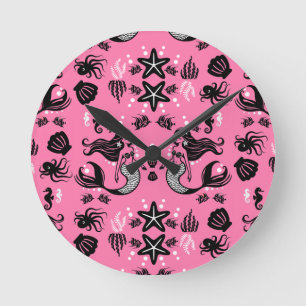 Horloge Ronde Enfants Sirène Rose