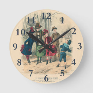 Horloge Ronde Enfants victoriens antiques jouant au ballon Hiver
