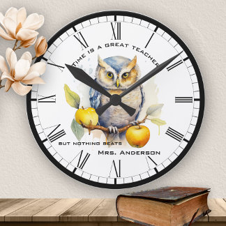 Horloge Ronde Enseignant Drôle de Chouette Aquarelle