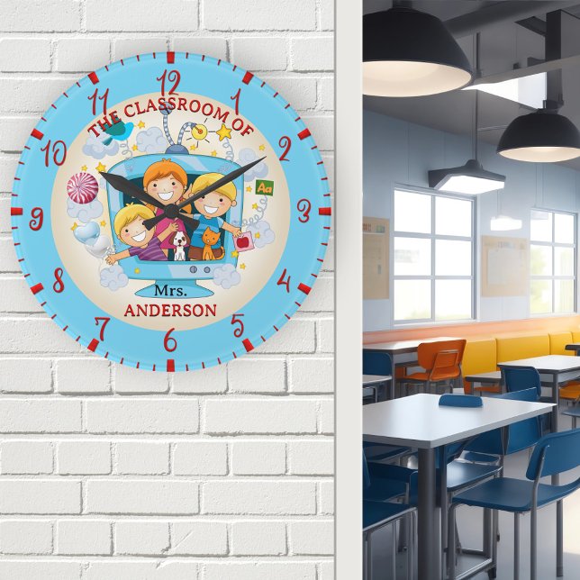 Horloge Ronde Enseignant en classe colorée (Wall clock featuring an illustration of happy children going to school - nice for a teacher)