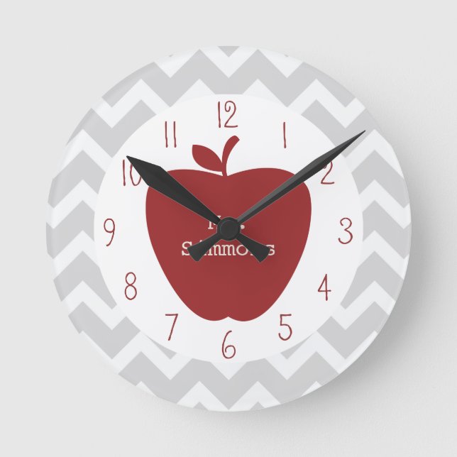Horloge Ronde Enseignant Grey Chevron & Red Apple (Recto)