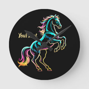 Horloge Ronde Enseigne au néon Cheval Style Rétro Glitch
