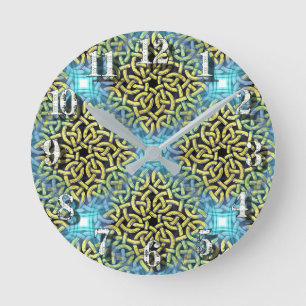Horloge Ronde Entrelacement victorien garniture dorée fond aqua
