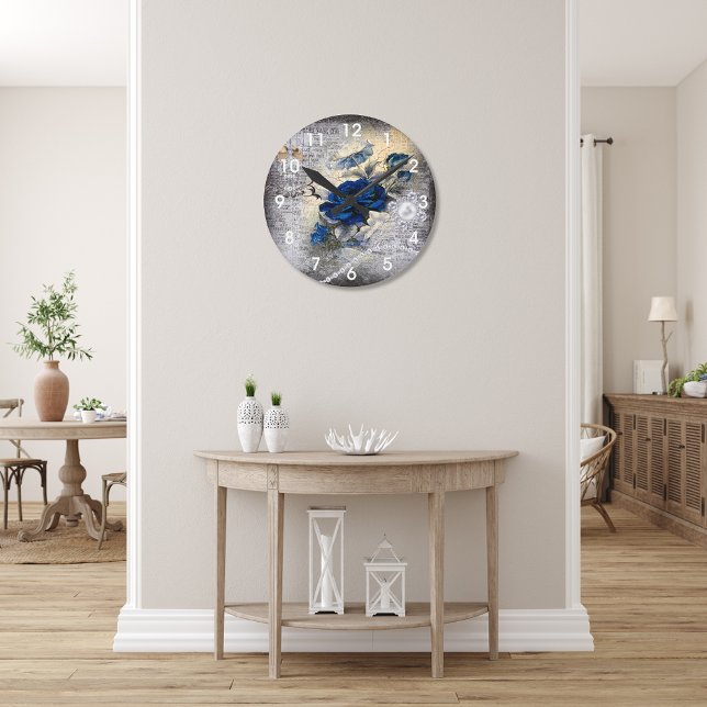 Horloge Ronde Ephémère de Rose victorien bleu foncé (Créateur téléchargé)