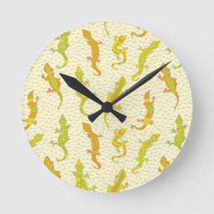 Horloge Ronde Escalade de roche Geckos sur jaune - motif sans so