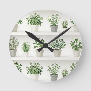 Horloge Ronde Étagère de pots d'herbes à l'aquarelle