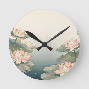 Horloge Ronde Étang de fleurs de lotus roses sérénité zen 