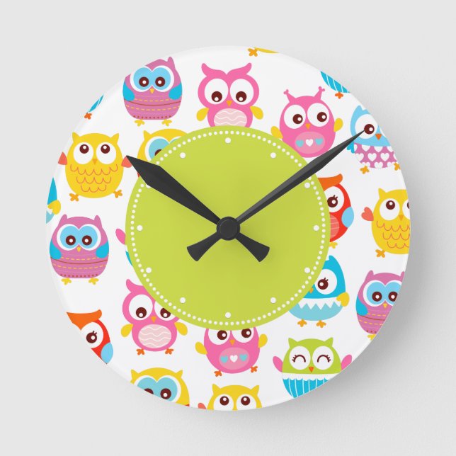Horloge Ronde Étiquette mignon de vert de hiboux de Litte (Recto)