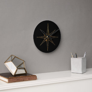Horloge Ronde Étoile abstraite dorée en dessin linéaire