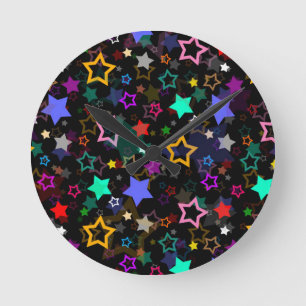 Horloge Ronde Étoiles Colorées Noires 