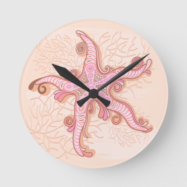 Horloge Ronde Étoiles de mer et motif pastel rose corail (Recto)