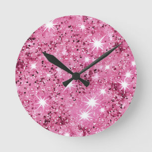 Horloge Ronde Étoiles Rose Chaud Paillettes Brillantes 