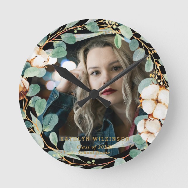 Horloge Ronde Eucalyptus Gold Wreath Custom Photo Graduation (Recto)