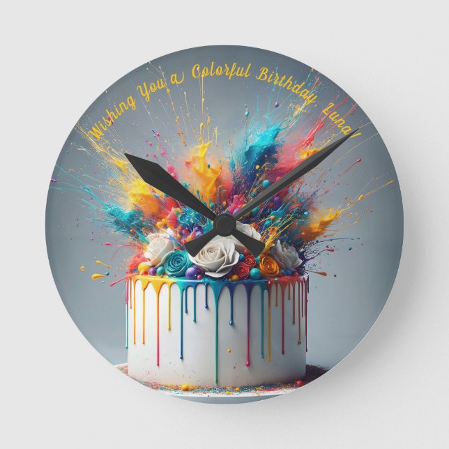 Horloge Ronde Explosion de joie - Joyeux gâteau d'anniversaire (Recto)