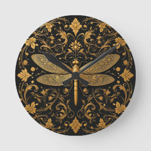 Horloge Ronde Exquise libellule d'or avec l'art floral