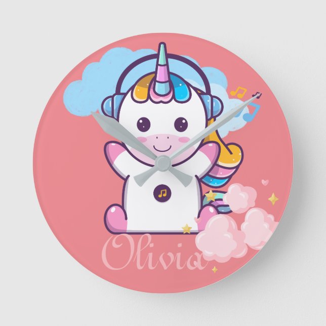 Horloge Ronde Fabulous Cute Unicorn nom personnalisé (Recto)