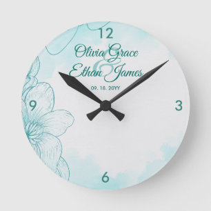 Horloge Ronde Faire-part de mariage floral aquarelle sarcelle él