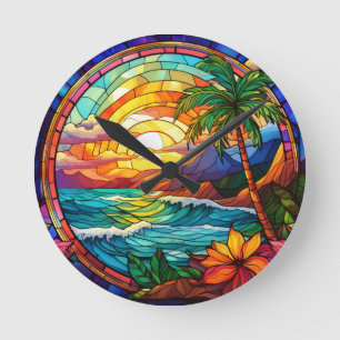 Horloge Ronde falaises de plage tropicale vitrail