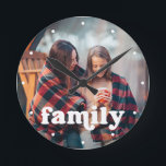 Horloge Ronde Famille | Boho Texte superposé avec votre photo<br><div class="desc">This simple and stylish clock features your personal Phoalong with the word "familiy" in boho white moderne typography and white dots to represent the hours.</div>
