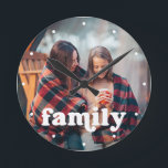 Horloge Ronde Famille | Boho Texte superposé avec votre photo<br><div class="desc">This simple and stylish clock features your personal Phoalong with the word "familiy" in boho white moderne typography and white dots to represent the hours.</div>