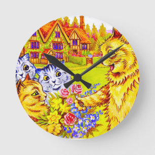 Horloge Ronde Famille de chats dans le jardin