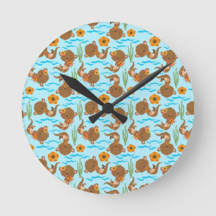 Horloge Ronde Famille de loutres Fleurs orange Floral Animal aqu