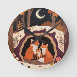 Horloge Ronde Famille de renards dans une tanière en forêt autom