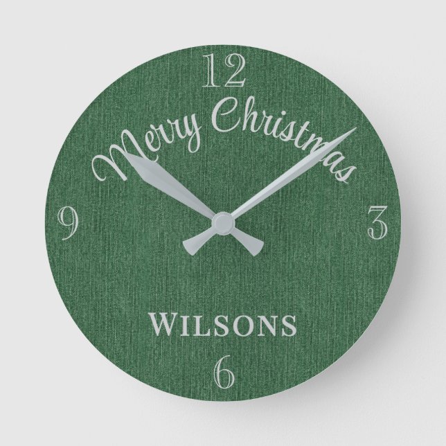 Horloge Ronde Family Name Merry Christmas Green Denim Print 8-in (Recto)