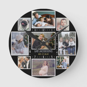 Horloge Ronde Family Photo Collage 9 Custom Pics Add Name Black