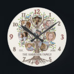 Horloge Ronde Family Tree Photo Collage 8 Photos Nom Lt Beige<br><div class="desc">Ce magnifique design personnalisé "arbre de famille" comprend des oeuvres d'art originales et 8 photos de votre famille en forme de pomme. L'oeuvre dessinée à la main montre un arbre et ses racines sur un arrière - plan de beige clair et chaleureux. L'arbre a des feuilles colorés et de petits...</div>