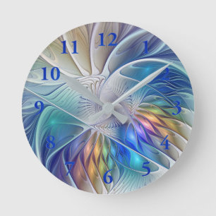 Horloge Ronde Fantaisie florale, fleur fractale abstraite coloré