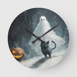 Horloge Ronde Fantôme d'Halloween et chat noir