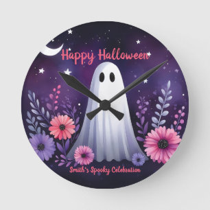 Horloge Ronde Fantôme Fantaisiste et Floral Spooky Rose Violet