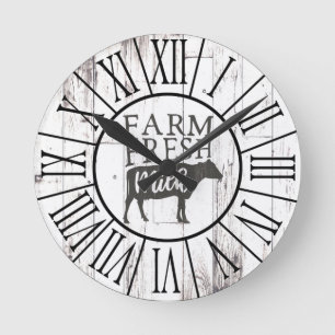 Horloge Ronde Farm Fresh Milk Cow White Wood Country Farmhouse