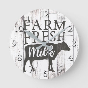 Horloge Ronde Farm Fresh Milk Cow White Wood Country Farmhouse