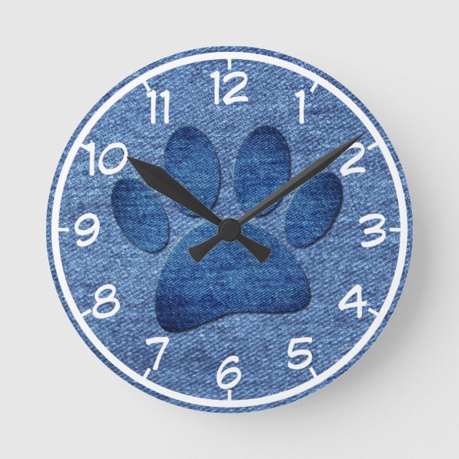 Horloge Ronde Faux Denim Jeans Empreinte de patte de chien (Recto)
