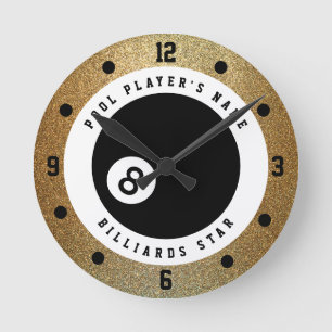 Horloge Ronde Faux Gold Parties scintillant Joueur Billard