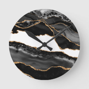 Horloge Ronde Faux Marbled Agate Black Stylish Stone