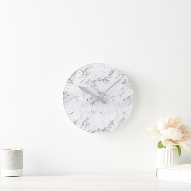 Horloge Ronde Faux marbre blanc clair aspect pierre et texte (Maison)