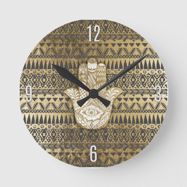 Horloge Ronde Faux Print Gold Hamsa main et Tribal Aztec (Recto)