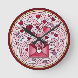 Horloge Ronde Faux vitrail, enveloppe cœur romantique