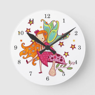 Horloge Ronde Fée de jardin sur le champignon
