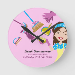Horloge Ronde Femme de ménage rose nettoyage professionnel